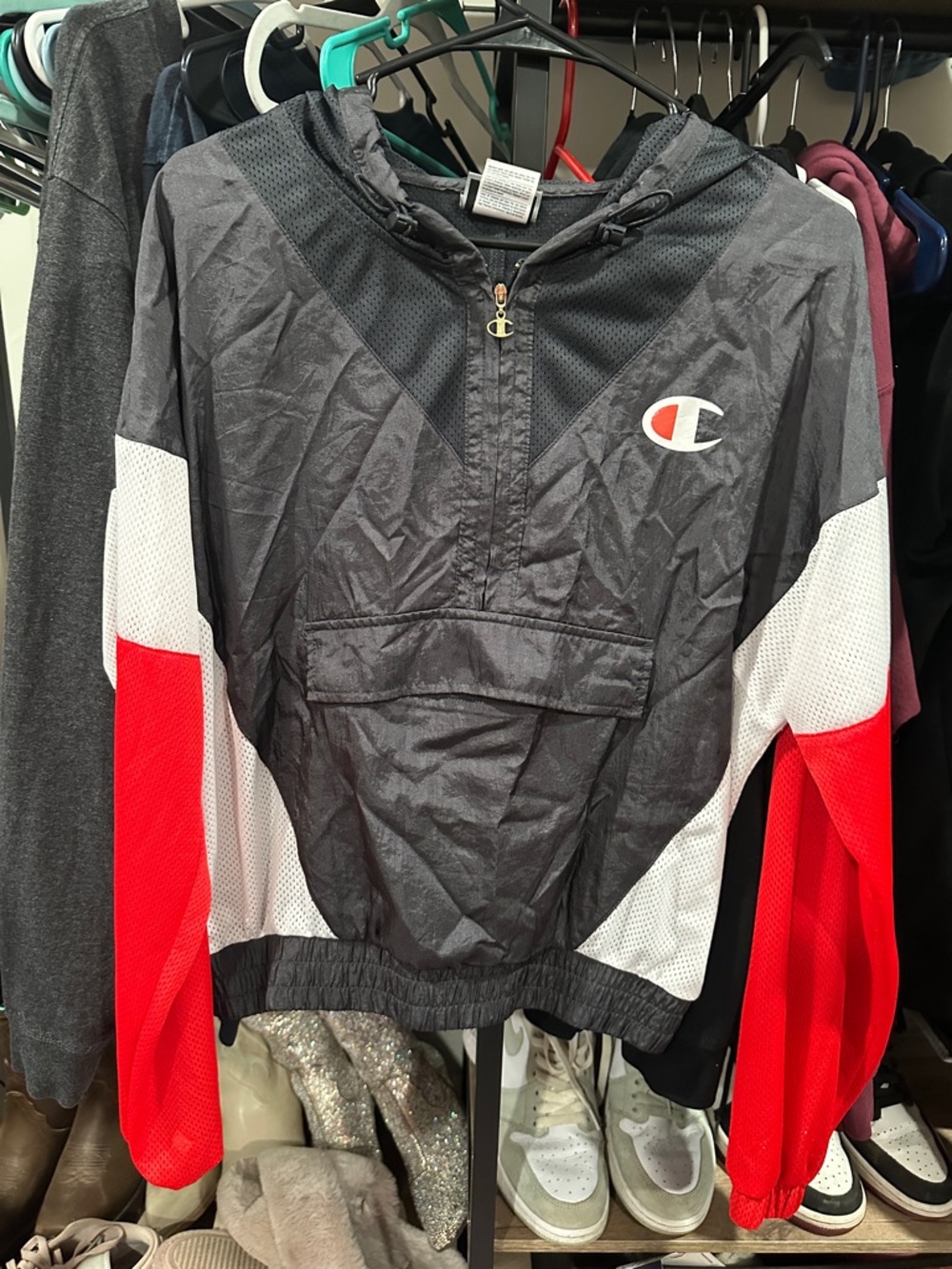 Champion Black Hooded Windbreaker with Red & White Sleeves